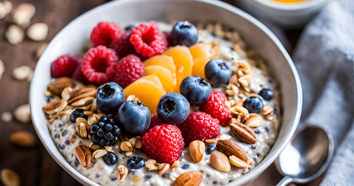 A close-up of a bowl filled with oatmeal topped with fresh raspberries, blueberries, blackberries, peach slices, nuts, and seeds.