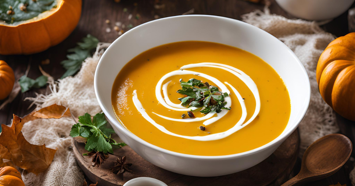 A bowl of creamy vegan pumpkin soup garnished with a swirl of coconut milk, fresh parsley, and seeds, surrounded by autumn-themed decor like pumpkins and dried leaves.