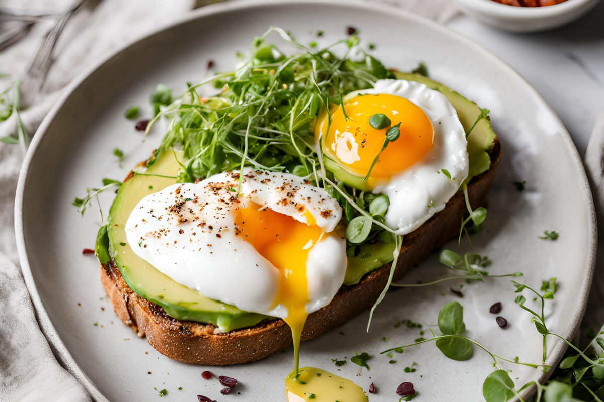 Classic Avocado Toast with Poached Egg on a rustic wooden plate, topped with chili flakes and fresh herbs.