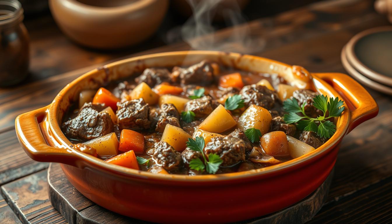 Golden-brown beef casserole with melted cheese, vegetables, and herbs in a ceramic dish, fresh from the oven