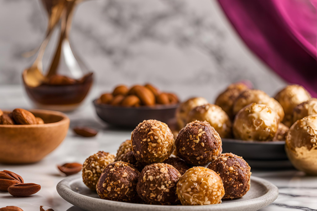 Close-up of homemade Date & Nut Energy Balls – No Added Sugar for Ramadan, rolled in shredded coconut on a wooden board